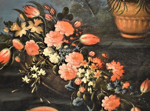 Tableaux et dessins Tableaux XVIIIe siècle - Nature Morte de fleurs et de fruits dans un jardin